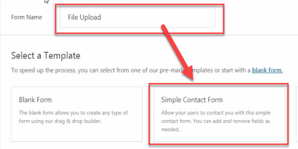 Write the name of contact form file upload then click on contact form in wpforms plugin