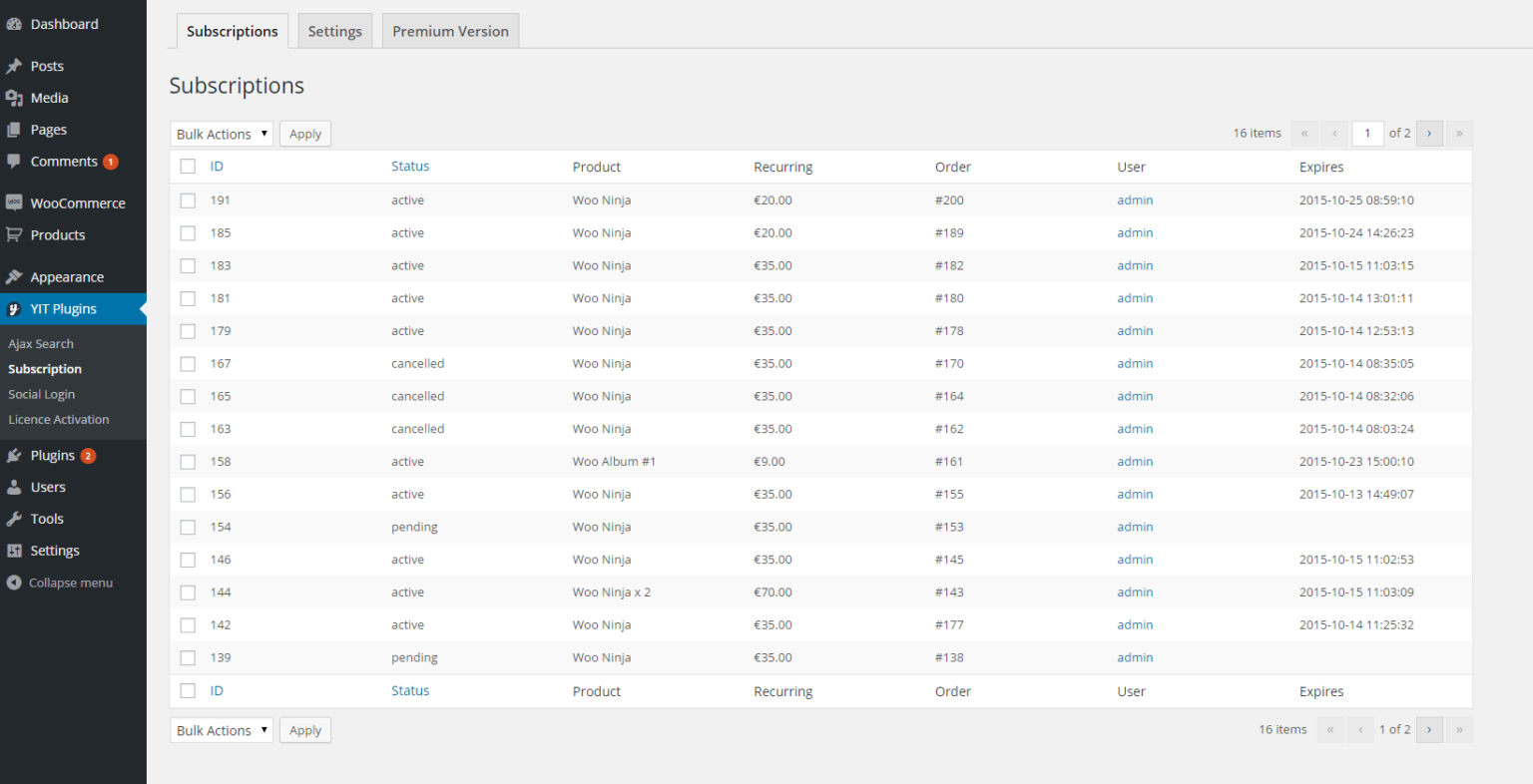 Settings subscription. WOOCOMMERCE subscriptions. WOOCOMMERCE Active products Tables убрать слово товар.