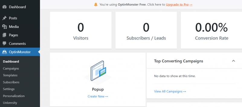 OptinMonster dashboard create new popup